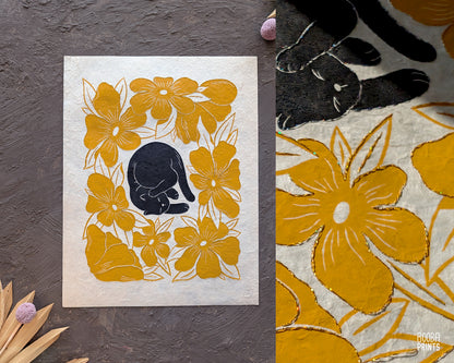 Lazy Cat & Yellow Flowers Hand Embroidered with Gold Thread ✷Mixed Media Print