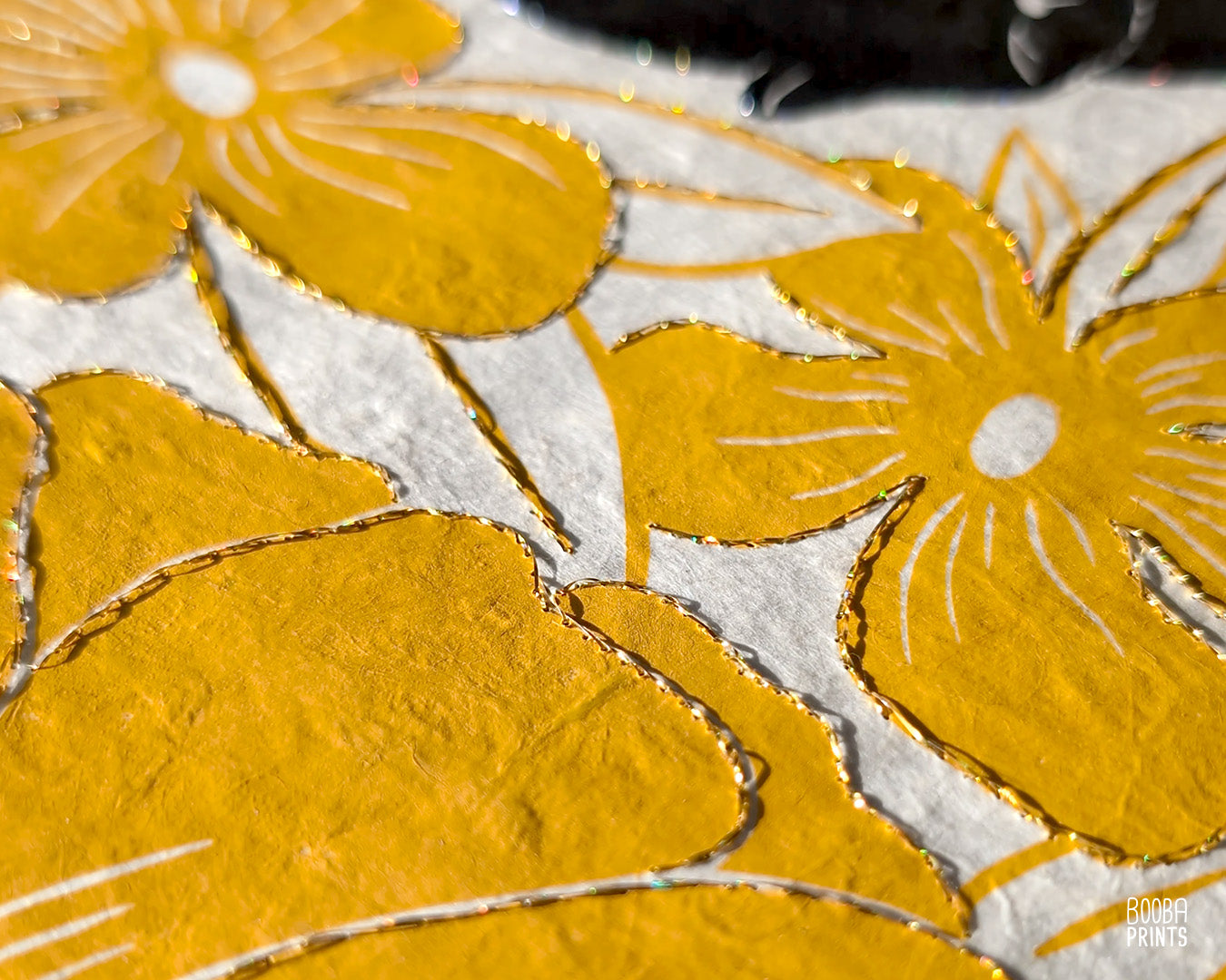 Lazy Cat & Yellow Flowers Hand Embroidered with Gold Thread ✷Mixed Media Print