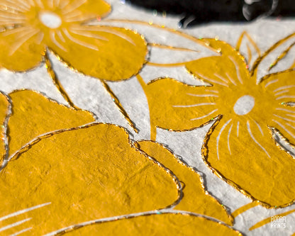 Lazy Cat & Yellow Flowers Hand Embroidered with Gold Thread ✷Mixed Media Print