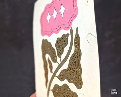 Floral Embroidered Linocut Print ✷ Unique Stylized Mixed Media Artwork