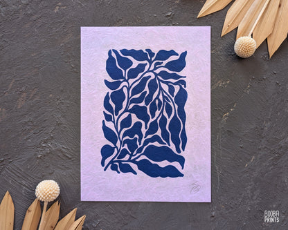 Mini  Blue Plant Linocut Print ✷ Plant Lover Gift