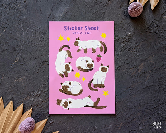 Siamese Love Sticker Sheet ✷ Cozy Vinyl Waterproof Sticker Sheet for Siamese Cat Fans