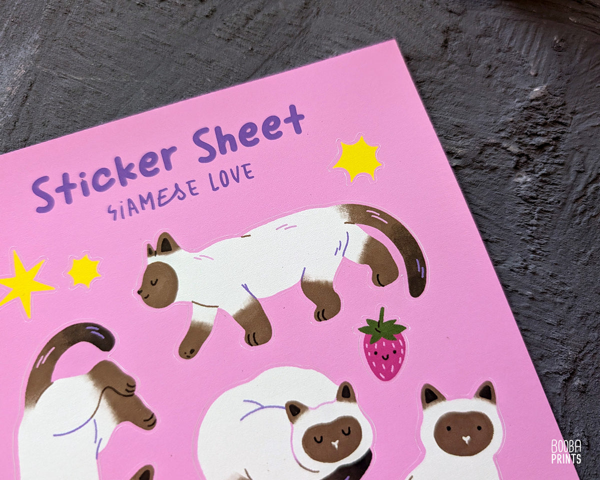 Siamese Love Sticker Sheet ✷ Cozy Vinyl Waterproof Sticker Sheet for Siamese Cat Fans