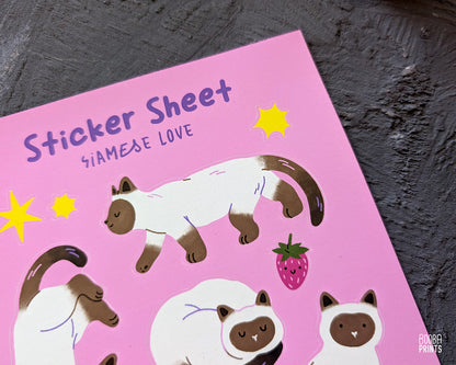 Siamese Love Sticker Sheet ✷ Cozy Vinyl Waterproof Sticker Sheet for Siamese Cat Fans