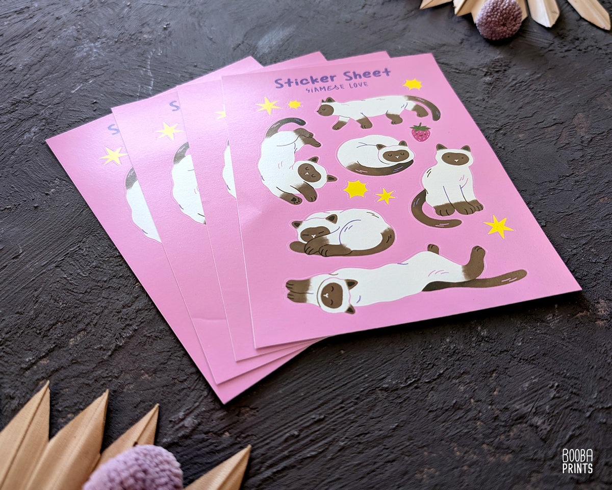 Siamese Love Sticker Sheet ✷ Cozy Vinyl Waterproof Sticker Sheet for Siamese Cat Fans