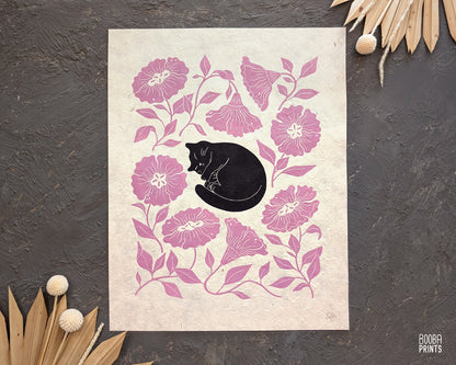 Handmade linocut print of Sleeping Black Cat & Pink Flowers, cat lover print, cat print for home decor and gallery wall. Art by Booba Prints