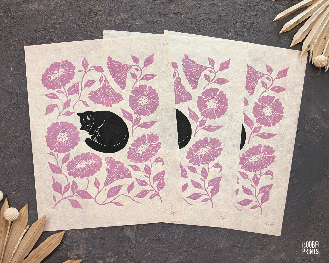 Handmade linocut print of Sleeping Black Cat & Pink Flowers, cat lover print, cat print for home decor and gallery wall. Art by Booba Prints