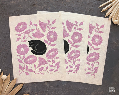 Handmade linocut print of Sleeping Black Cat & Pink Flowers, cat lover print, cat print for home decor and gallery wall. Art by Booba Prints