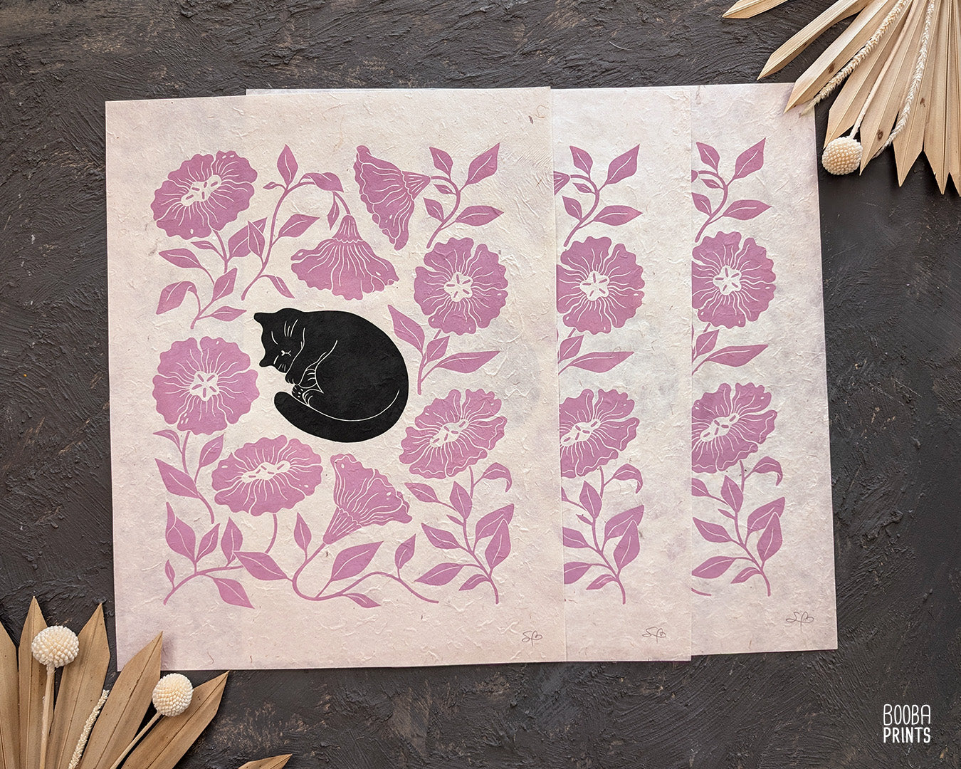 Handmade linocut print of Sleeping Black Cat & Pink Flowers, cat lover print, cat print for home decor and gallery wall. Art by Booba Prints