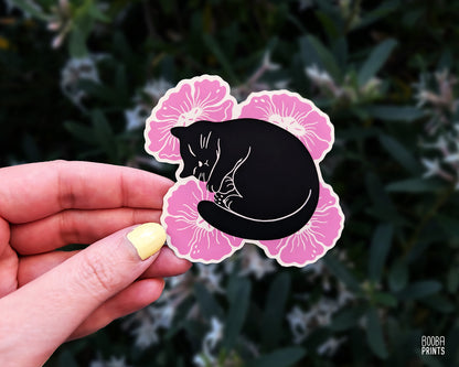 Sleeping Cat & Pink Flowers Vinyl Sticker