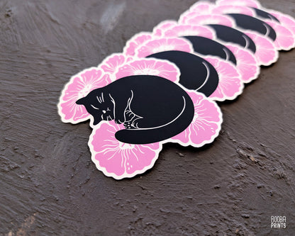 Sleeping Cat & Pink Flowers Vinyl Sticker