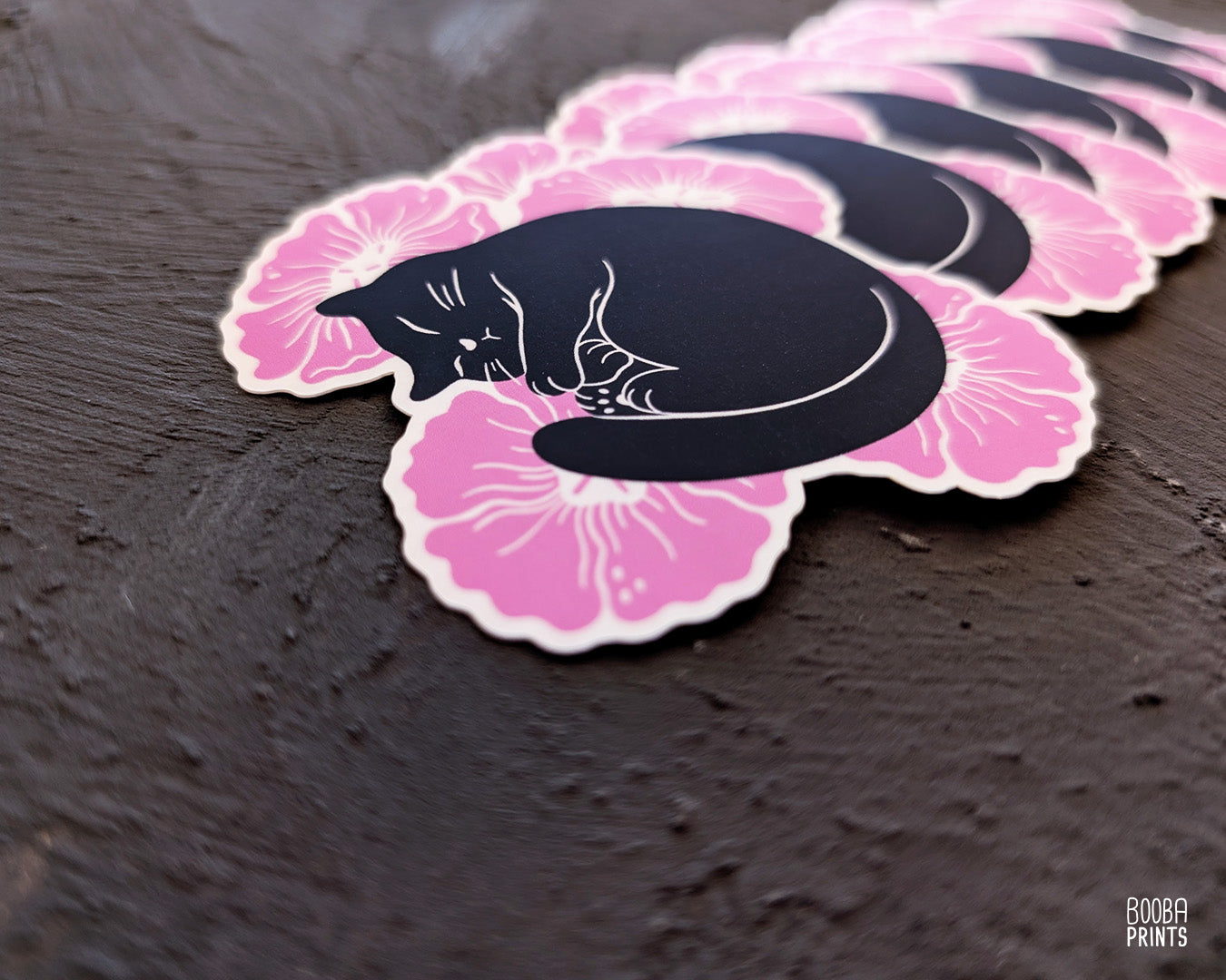 Sleeping Cat & Pink Flowers Vinyl Sticker