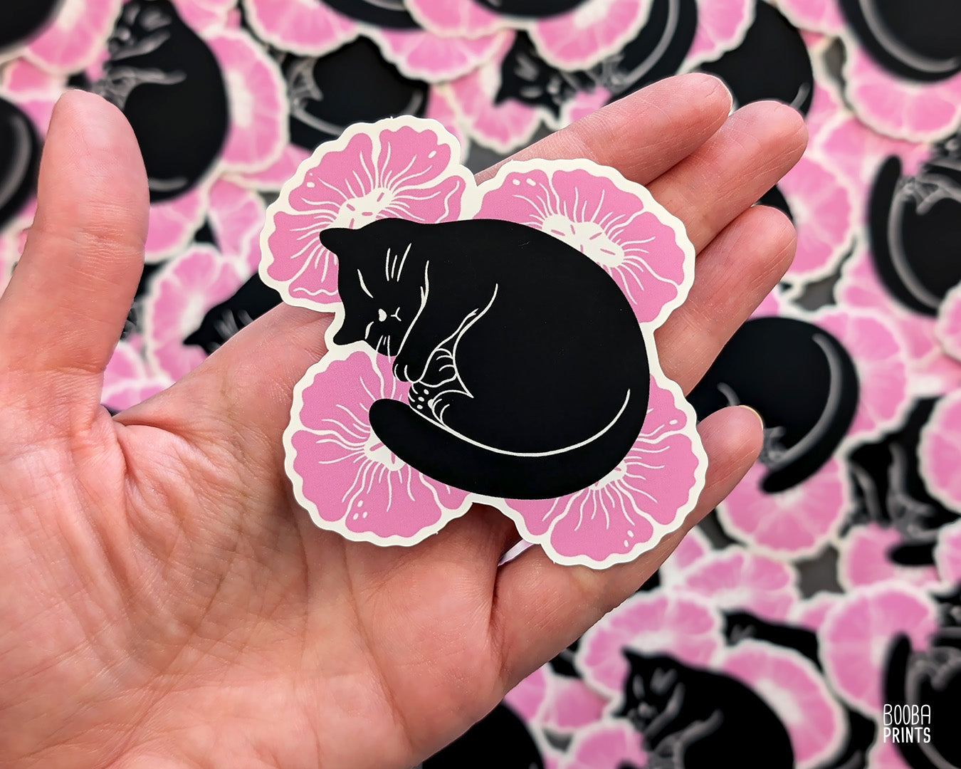 Sleeping Cat & Pink Flowers Vinyl Sticker