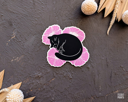 Sleeping Cat & Pink Flowers Vinyl Sticker