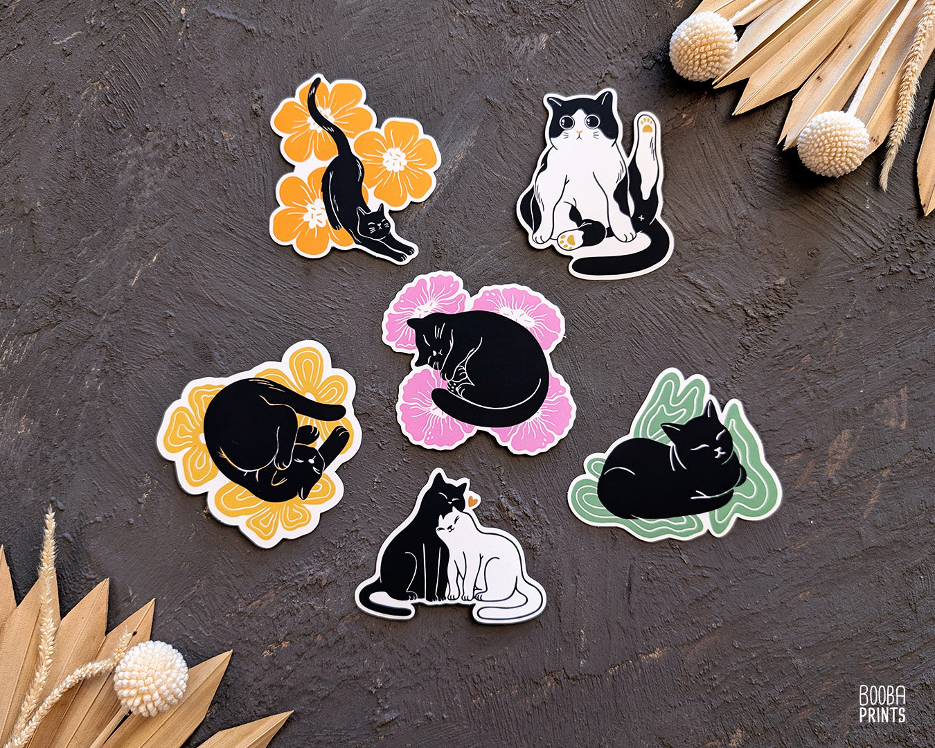 Sleeping Cat & Pink Flowers Vinyl Sticker