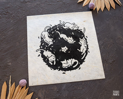 Cats In A Bush Linocut Print ✷ 60% Off!