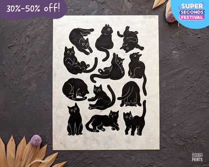 12 Cute Cats Original Linocut Print ✷ 30%-50% Off!