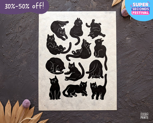 12 Cute Cats Original Linocut Print ✷ 30%-50% Off!