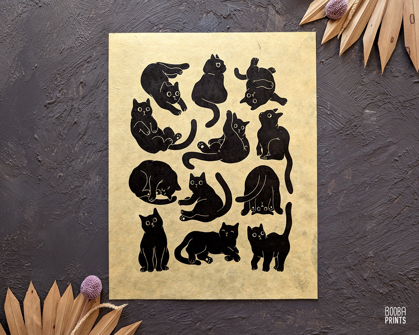 12 Cute Cats Original Linocut Print ✷ 30%-50% Off!