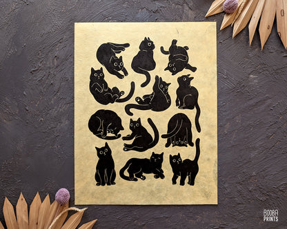 12 Cute Cats Original Linocut Print ✷ 30%-50% Off!