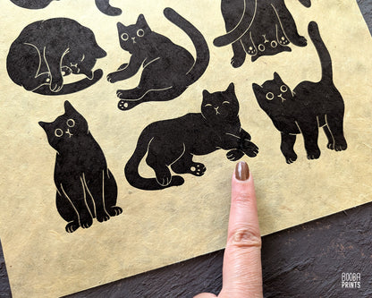 12 Cute Cats Original Linocut Print ✷ 30%-50% Off!