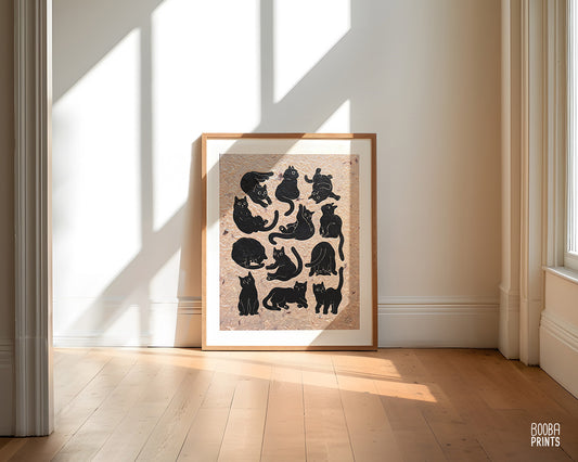 12 Cute Cats Original Linocut Print ✷ 70% Off!