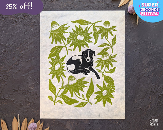 Cutie Dog & Green Flowers Linocut Print ✷ 25% Off!