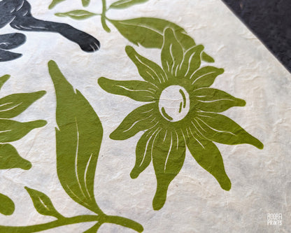 Cutie Dog & Green Flowers Linocut Print ✷ 25% Off!