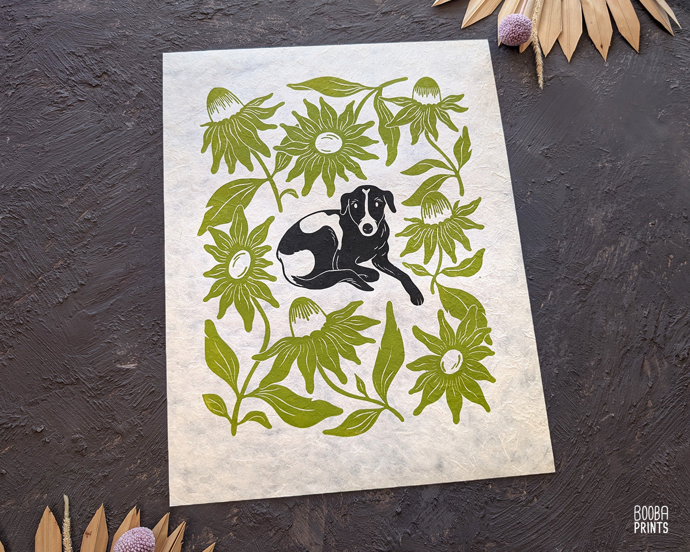 Cutie Dog & Green Flowers Linocut Print ✷ 25% Off!