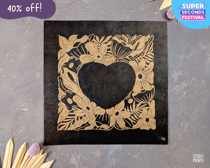 Flower Heart Original Floral Linocut Print ✷ 40% Off