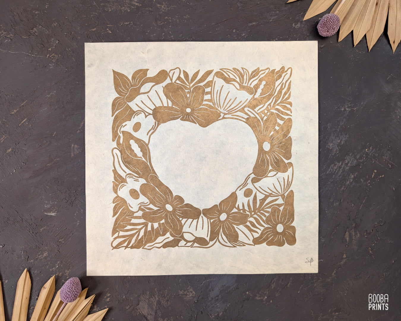 Original linocut print of floral heart in metallic gold, heart surrounded by flowers. Print for Valentine's Day or an anniversary gift. Gift for her, romantic print for special occasion. Print for home decor to inspire your space. Art by Booba Prints.