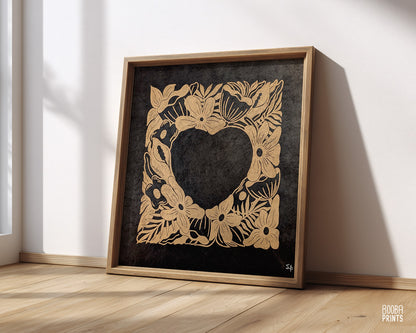 Flower Heart Original Floral Linocut Print ✷ 40% Off