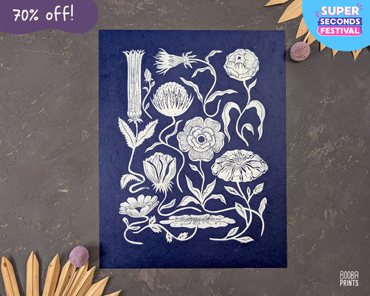 #1 Flowers Linocut Print White On Navy Paper✷ 70% Off!