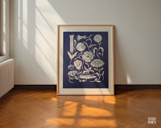 #1 Flowers Linocut Print White On Navy Paper✷ 70% Off!