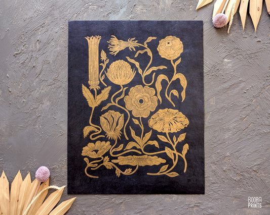 #1 Golden Flowers Linocut Print  ✷ 45%-75% Off!