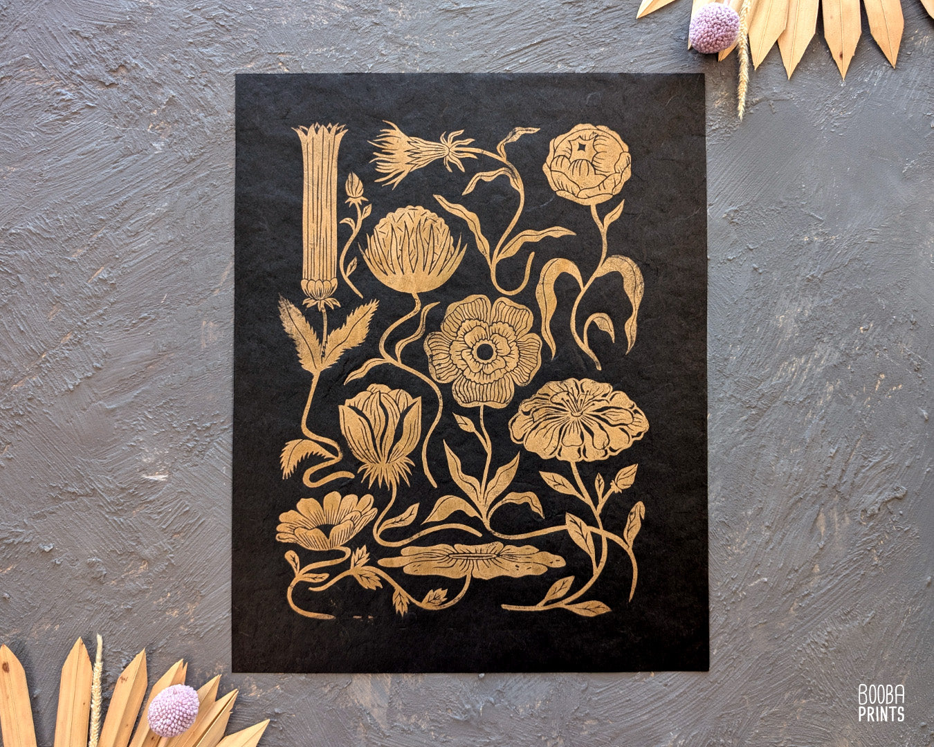 #1 Golden Flowers Linocut Print  ✷ 45%-75% Off!