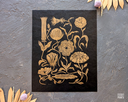 #1 Golden Flowers Linocut Print  ✷ 45%-75% Off!
