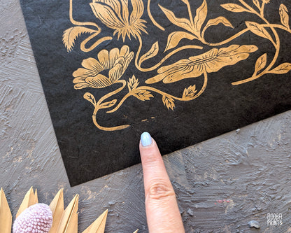 #1 Golden Flowers Linocut Print  ✷ 45%-75% Off!
