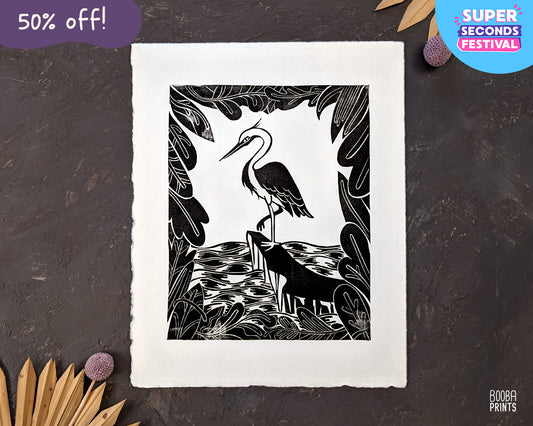 Black & White Original Heron Linocut Print ✷ 50% OFF