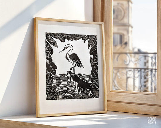 Black & White Original Heron Linocut Print ✷ 50% OFF