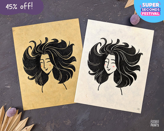 Smiley Whimsical Girl Linocut Print ✷ 45% Off!