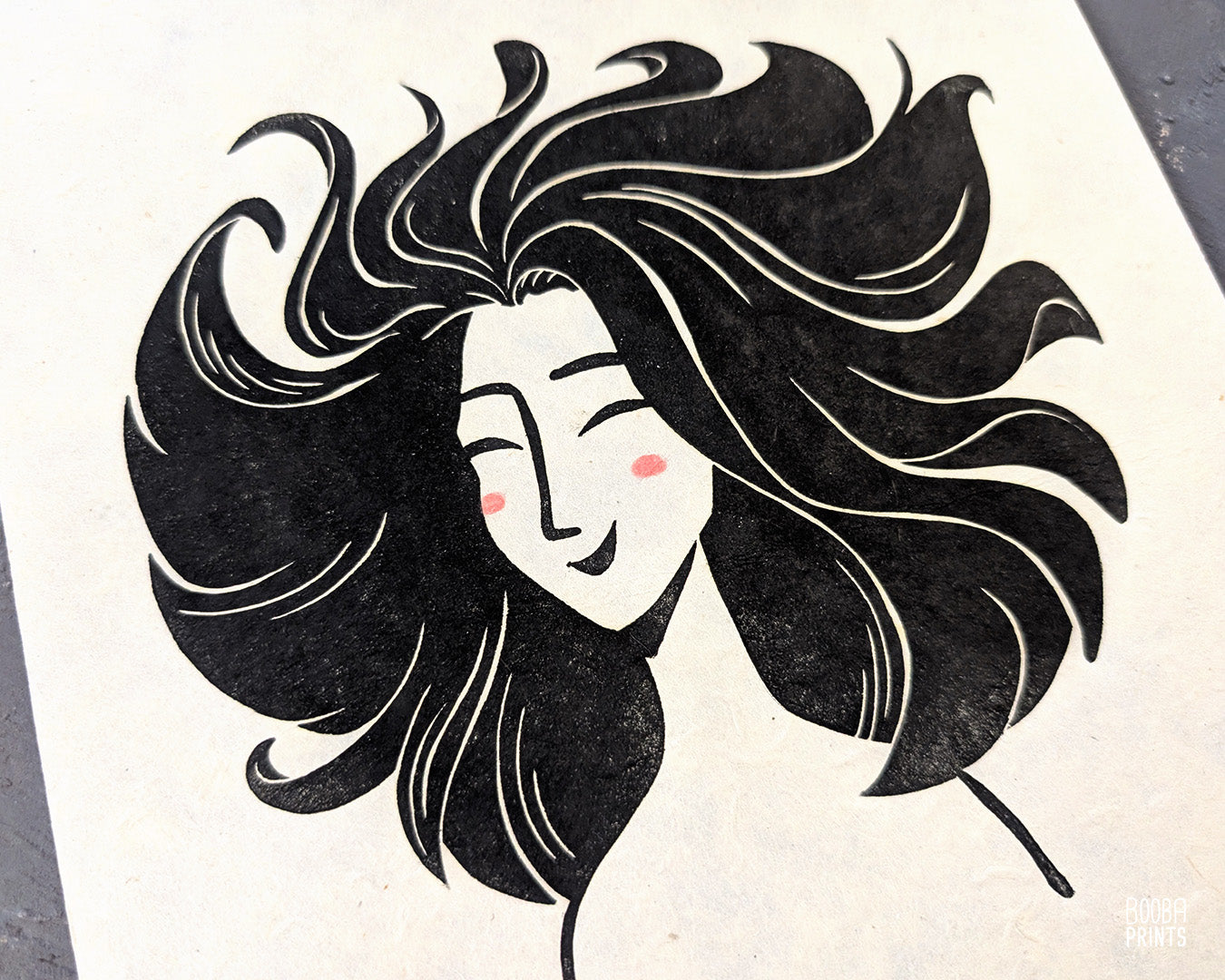 Smiley Whimsical Girl Linocut Print ✷ 45% Off!