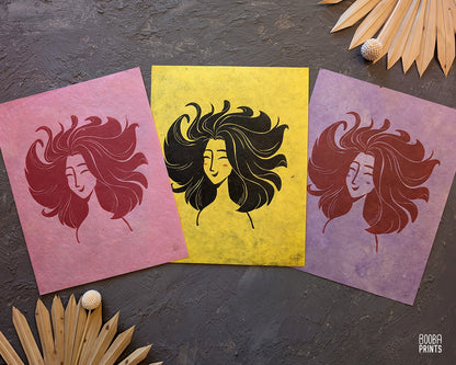 Smiley Whimsical Girl Linocut Print ✷ 45% Off!