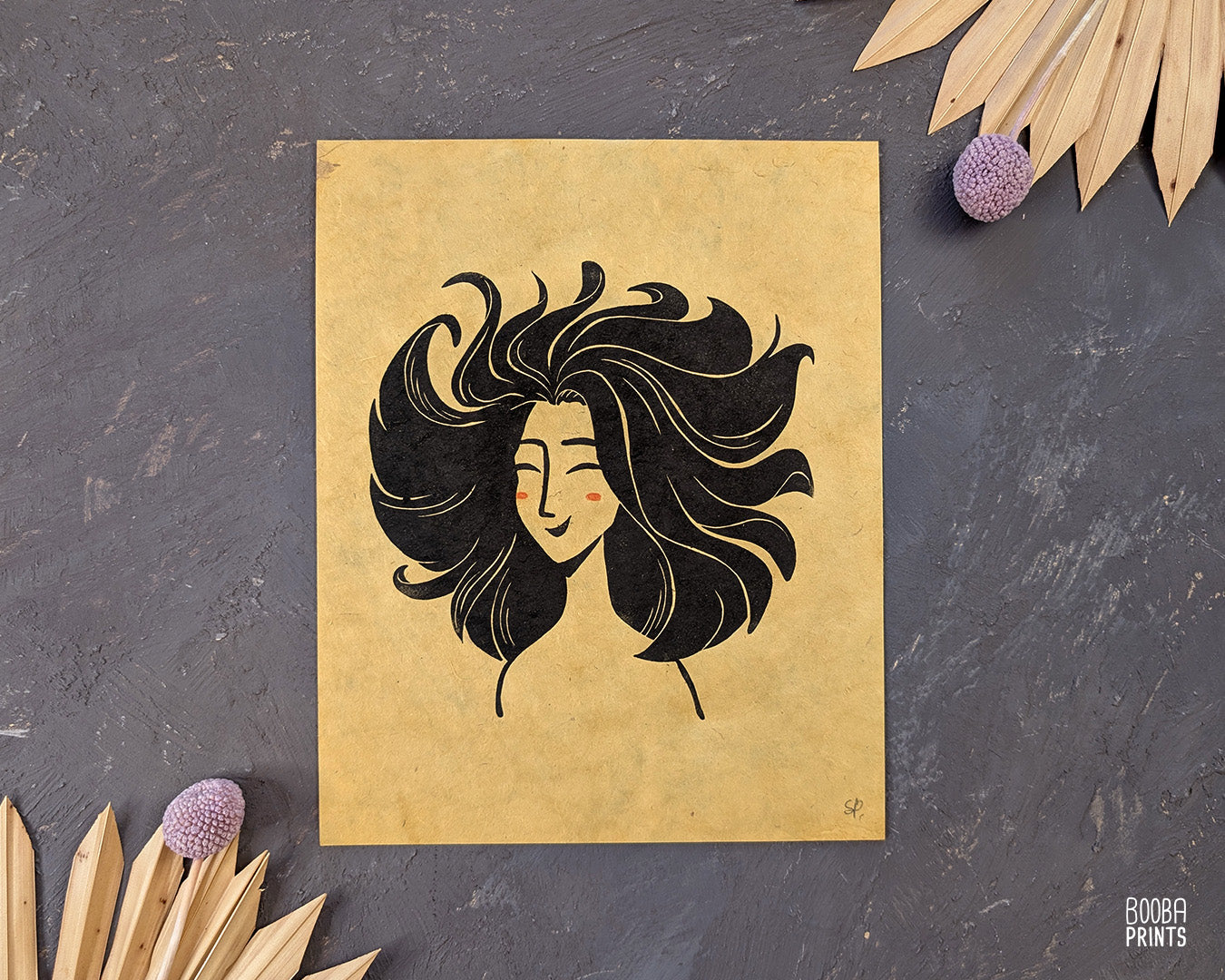 Smiley Whimsical Girl Linocut Print ✷ 45% Off!