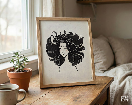 Smiley Whimsical Girl Linocut Print ✷ 45% Off!