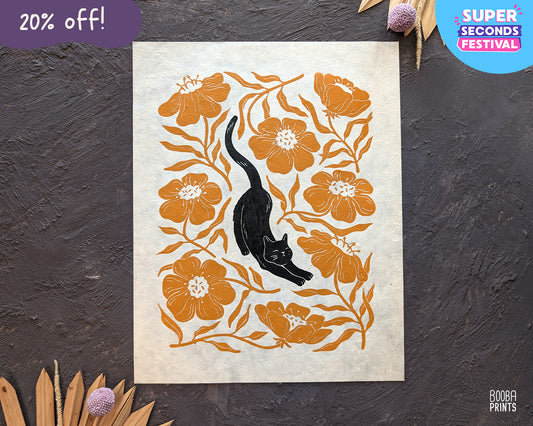 Stretchy Cat & Orange Flowers Linocut Print ✷ 20% Off