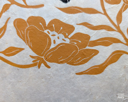 Stretchy Cat & Orange Flowers Linocut Print ✷ 20% Off