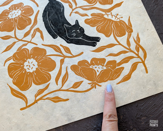 Stretchy Cat & Orange Flowers Linocut Print ✷ 20% Off