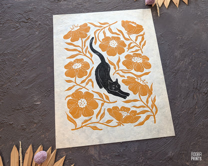 Stretchy Cat & Orange Flowers Linocut Print ✷ 20% Off