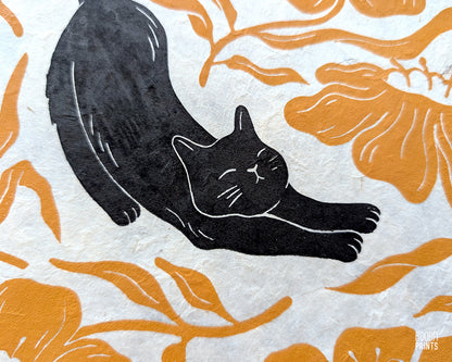 Stretchy Cat & Orange Flowers Linocut Print ✷ 20% Off